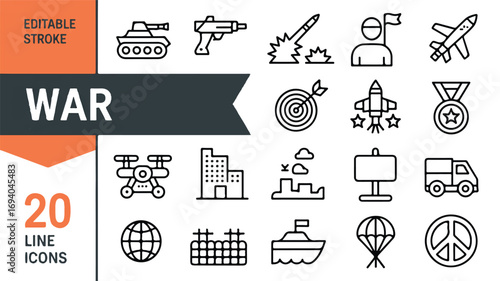 20 Editable Line Icons War, Military, Conflict, Peace, and Strategy