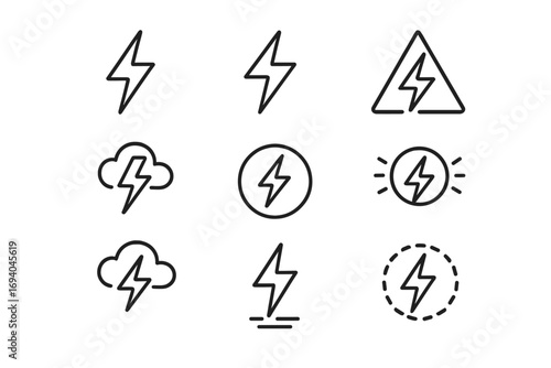 Lightning bolt outline icons collection, editable stroke minimalistic linear design for cards, apps, banners, social media posts, vector cartoon illustration set