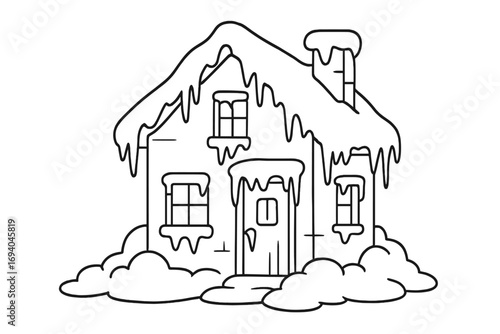 Winter house covered in snow and icicles with chimney and windows, cozy cold weather cottage in snowdrifts, winter season home with frozen roof and doorway