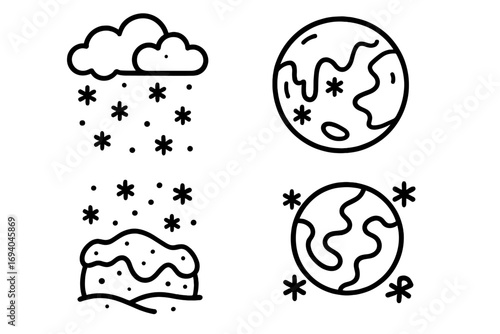 Vector line art illustration of frozen house covered in snow with winter weather elements, snowflakes falling, cold climate concept, cartoon style, transparent background, winter scene icons