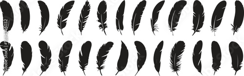 Feather Icons Bird and Writing Quill Silhouettes Collection Vector Illustration Isolate on White Background