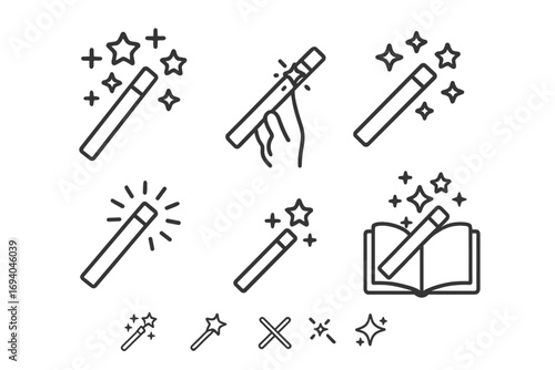 Magic wand icon set with editable stroke, vector cartoon illustration collection for websites, books, cards, apps design, transparent background, creative and versatile magic tool symbols