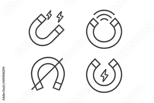 Magnet line icon set with editable strokes, minimalistic linear pictograms for card design, apps, banners, posts, vector cartoon illustrations, magnetic force concepts, simple black outline