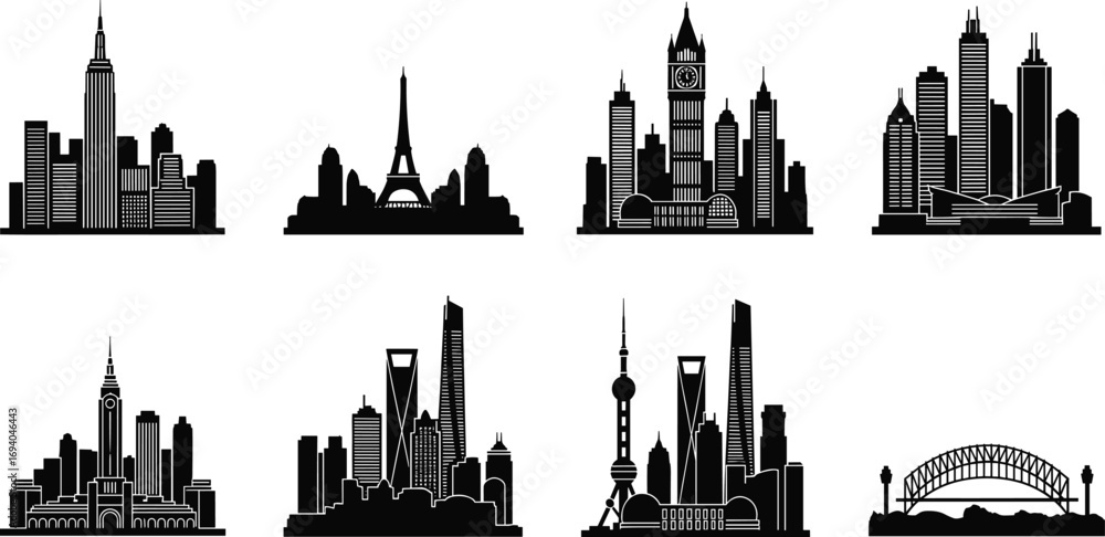 Naklejka premium City skyline silhouette vector set featuring New York, Paris, London, Dubai, Tokyo, Shanghai, Chicago, Sydney for travel and architecture design