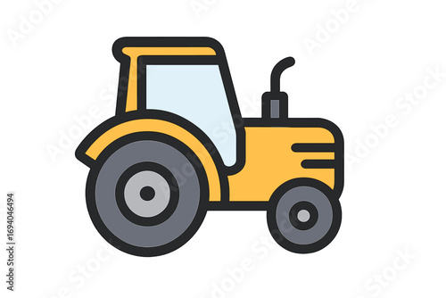 Yellow cartoon tractor icon with filled color outline. Minimalistic linear agricultural vehicle pictogram for web, apps, banners, social media, and graphic design.