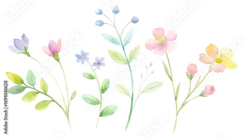 Wallpaper Mural Watercolor painting of delicate wildflowers isolated on white background, featuring pastel hues and intricate details, creating a serene ambiance Torontodigital.ca