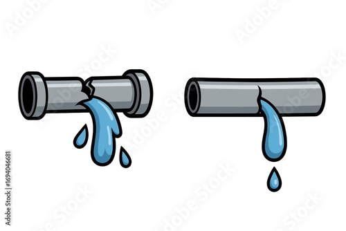 Minimalistic vector illustration of broken water pipe with leak, plumbing damage concept, leaking pipe icon for apps, graphics, and environmental water loss design