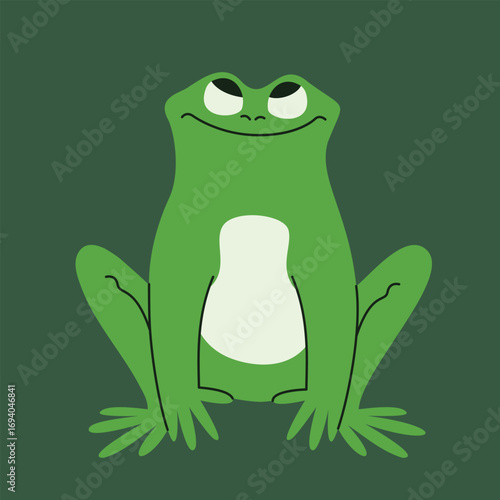 Funny frog looking up. Anthropomorphic animal in linear flat style.