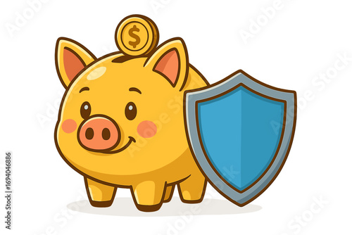 Cute money piggy bank with dollar coin and protective shield, financial security concept, cartoon savings illustration for interface, advertising, cards, transparent background