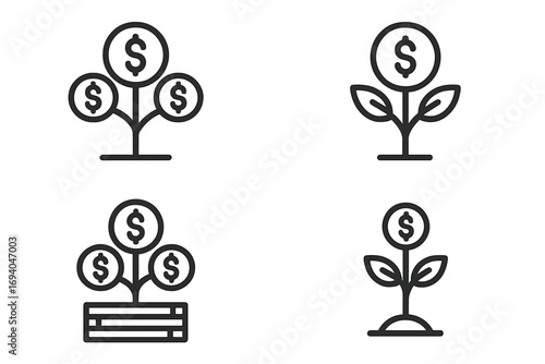 Money tree outline icon collection with dollar signs, editable stroke vector set for infographics, articles, books, flyers, banners, financial growth symbols, cartoon style