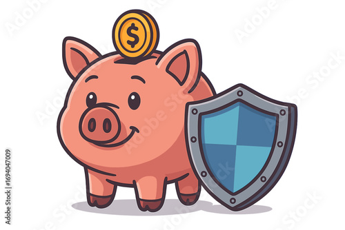 Cartoon piggy bank with a golden coin and protective shield, financial security concept illustration for savings, money protection, investment safety, insurance, and wealth management