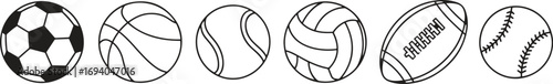Sports Ball Icons Soccer, Basketball, Tennis, Volleyball, Baseball Vector Illustration Isolate on White Background