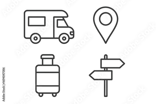 Motorhome travel campervan icon, location map pin marker, rolling suitcase baggage symbol, directional road pointer sign, thin line travel and navigation vector icons for web, apps, cards, books