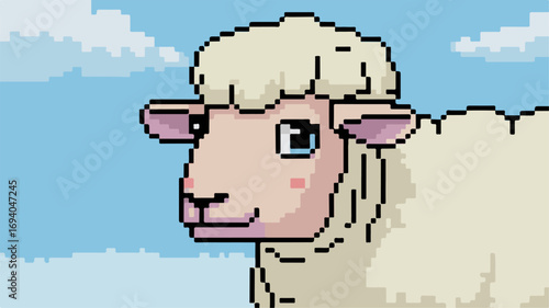 Pixelated sheep with woolly coat in sky background