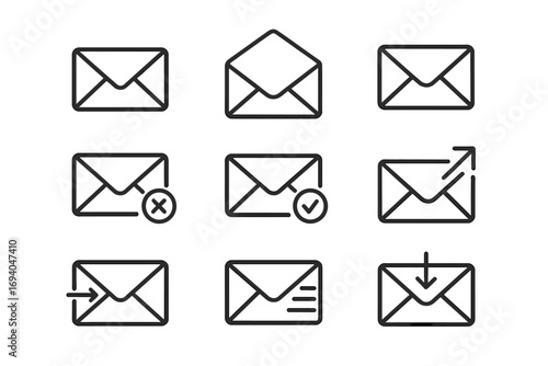 Set of minimalistic envelope line icons, editable stroke linear pictograms for cards, apps, banners, email interface design, communication symbols vector illustration