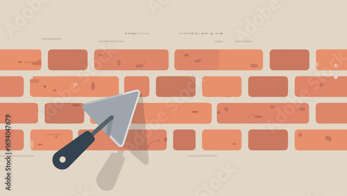 Brick wall with trowel for construction or renovation