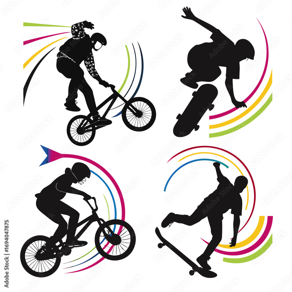 Naklejka premium B M X and skateboarder silhouettes with colorful arcs