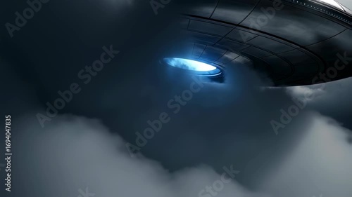 Unidentified flying object (UFO) with blue light hovering in stormy sky. Alien spacecraft in dark clouds, science fiction concept, footage.