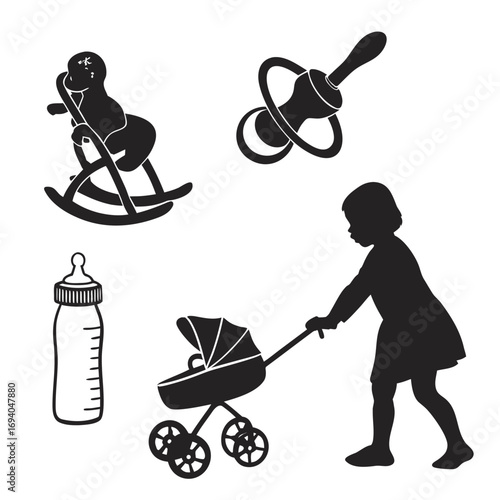 Baby and toddler items silhouettes rocking horse baby bottle