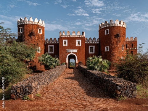 A red-terracotta castle-like building with a stone path leading to a grand entrance