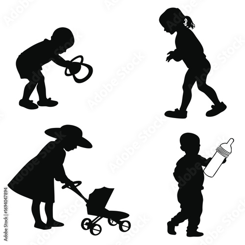 Baby and toddler silhouettes with toys and accessories