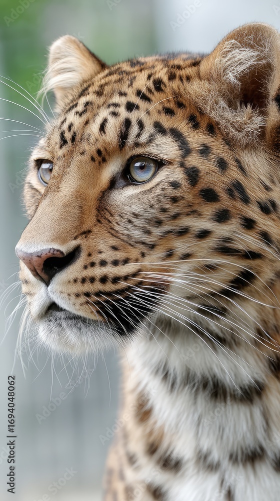 Obraz premium Leopard gazes intently at its surroundings in a wildlife sanctuary, showcasing its striking features and vivid markings during the afternoon light