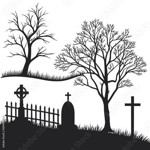 Bare trees and graveyard monuments cemetery bare branches