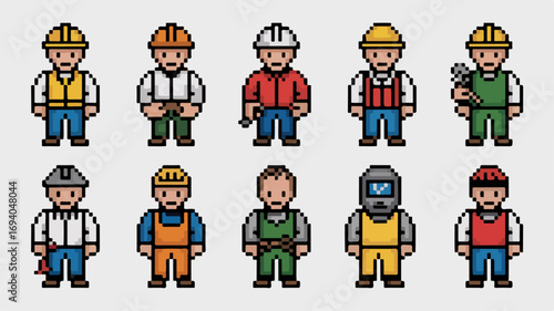 Pixel Art Construction Workers Group Illustration