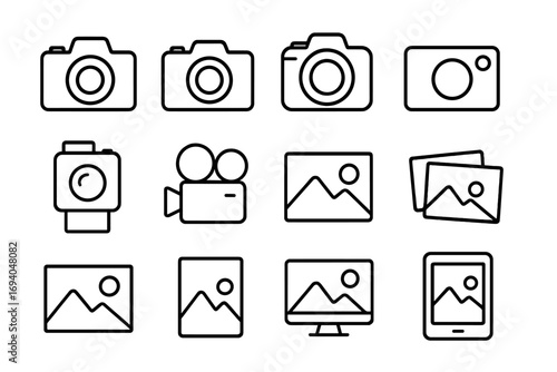 Photo camera and image simple icon collection, editable stroke vector set for infographics, articles, books, flyers, banners, digital media, cartoon style illustration