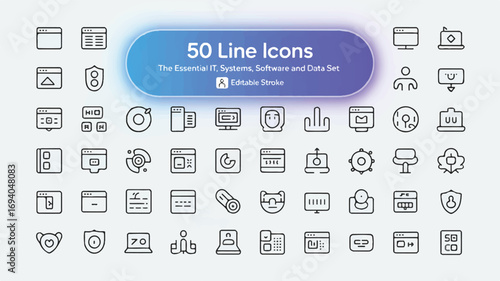 Set of 50 information technology line icons with editable stroke for software development and network security systems