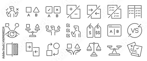 Compare icon set. It included Comparing, Comparison, scale, ab test, and more icons. Editable Vector Stroke.