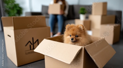 Cute pomeranian puppy sits in cardboard box surrounded by moving boxes while owner organizes living room on a sunny afternoon