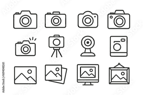 Photo camera and image icon collection, editable stroke vector set, simple line art design for infographics, articles, banners, flyers, cartoon style illustration pack