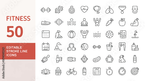 50 Fitness and Gym Essentials A Comprehensive Line Icon Set for a Healthy Lifestyle and Effective Exercise Programs