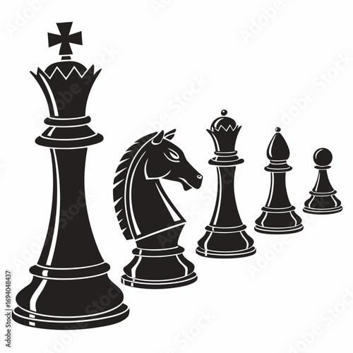 Black chess pieces silhouettes king knight queen bishop pawn