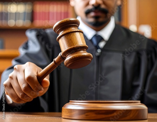 Judge striking gavel in courtroom