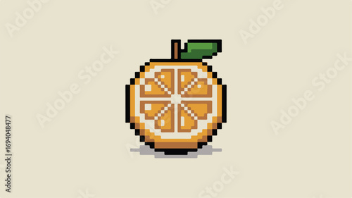 Pixelated orange fruit with leaf for digital art and gaming
