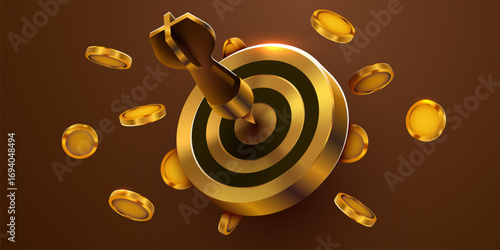 Golden dart target icon with arrow and coins. 3d design of business goal. Success finance marketing strategy.