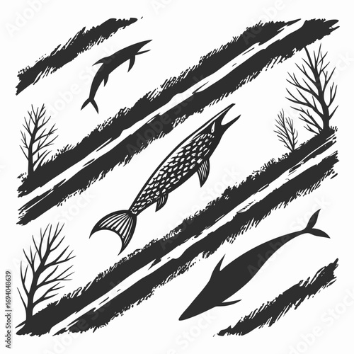 Black fish and trees on white background illustration