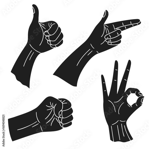 Black hand gestures pointing thumbs up ok fist silhouette