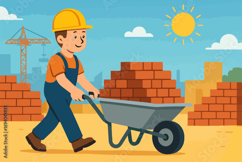 Construction Worker Pushing Wheelbarrow at Building Site