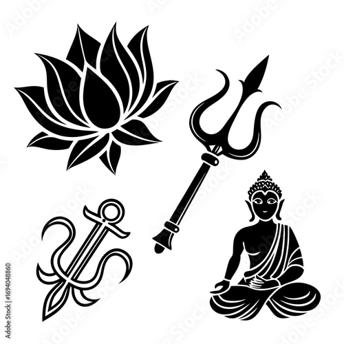 Black Hindu deity symbols lotus trident Buddha anchor