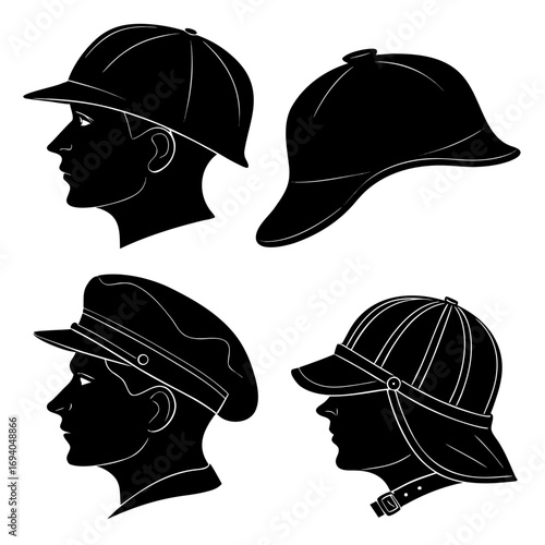 Black headwear silhouettes on white profile