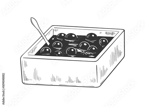 Cranberry sauce in a bowl with a spoon in sketch style. Black and white engraved illustration of cranberry jam