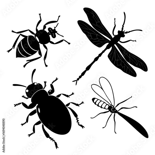 Black insect silhouettes dragonfly bee beetle mosquito