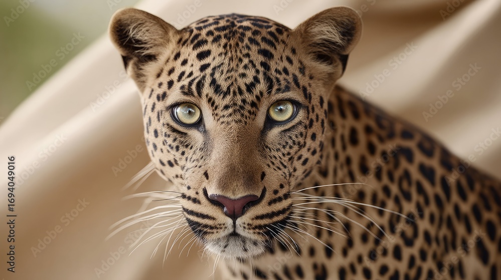 Fototapeta premium Close-up view of a leopard showcasing its striking features and unique spotted coat against a neutral background