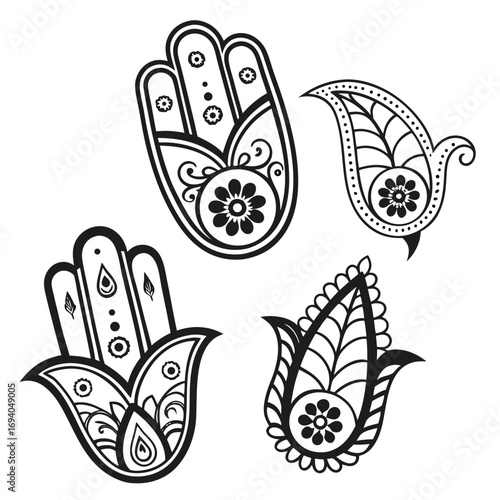 Black mehndi hand and paisley ornament designs henna