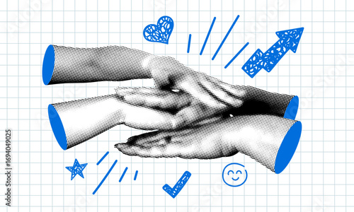 Teamwork concept. People putting  their hands together. Modern collage with pile of arms folded on top of each other. Team building. Creative collaboration. Employee meeting for motivation