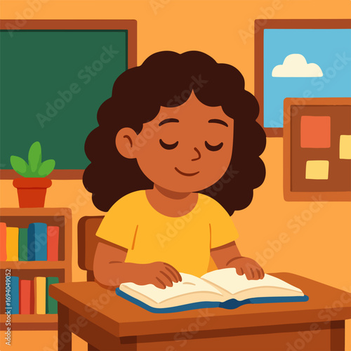 Girl reading book in classroom