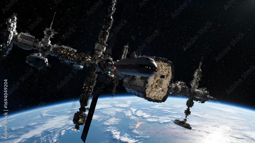 Rotating orbital station with docking ships above glowing Earth ...